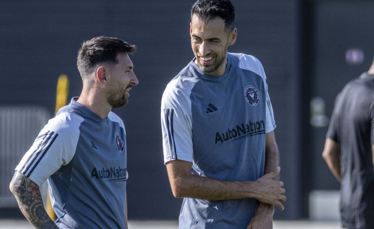 Messi y Busquets, sonrientes en el primer entrenamiento con el Inter Miami